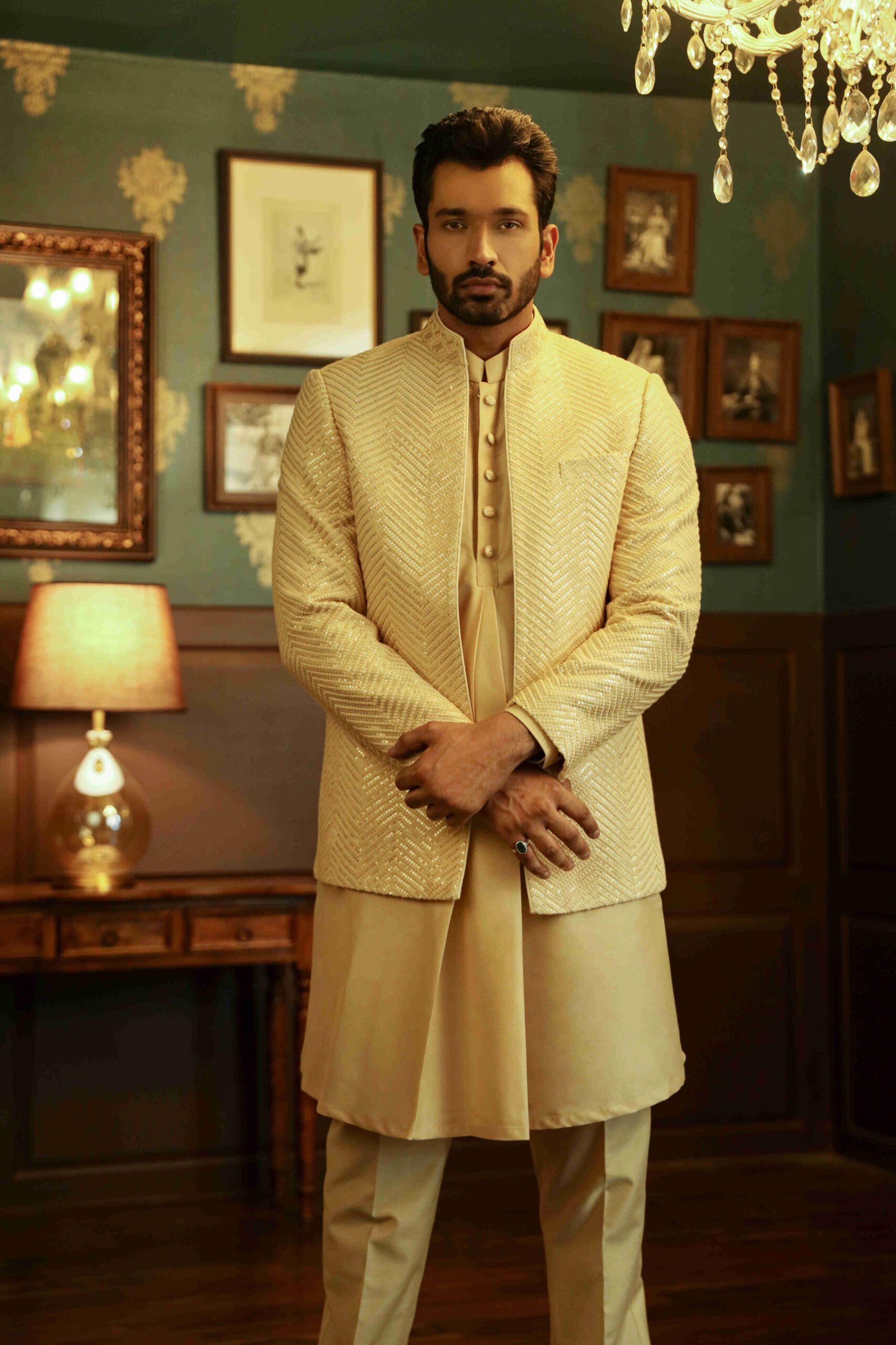 Beige Embroidered Jodhpuri Bandhgala Suit